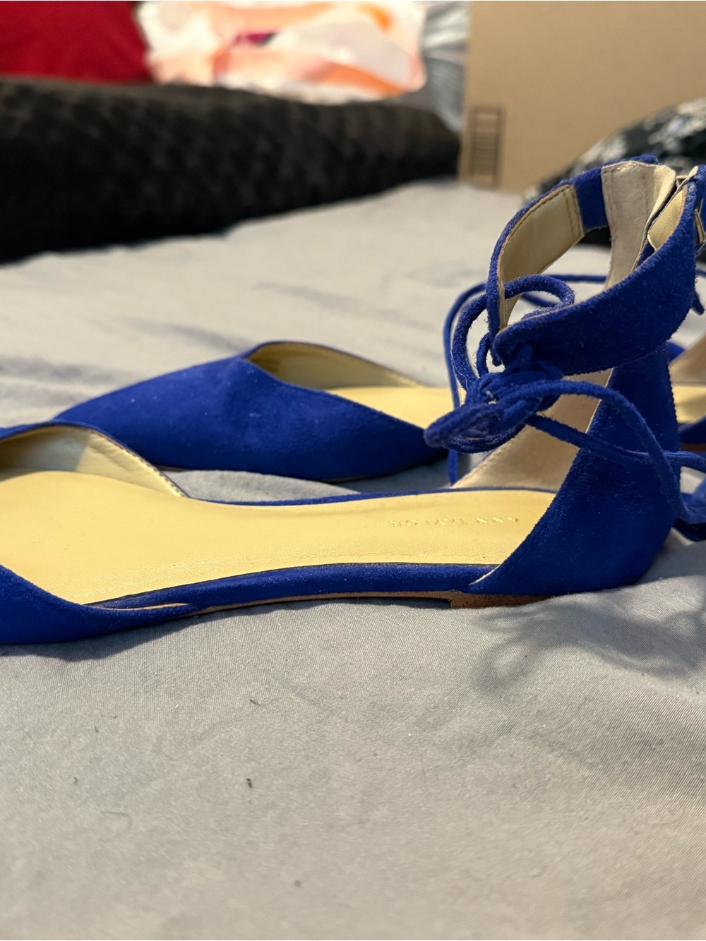 Ann Taylor Royal Blue Suede Pointed D'Orsay Flats with Lace-Up Ankle